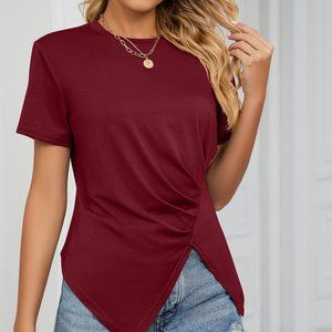 Solid color loose round neck pleated women's T-shirt top